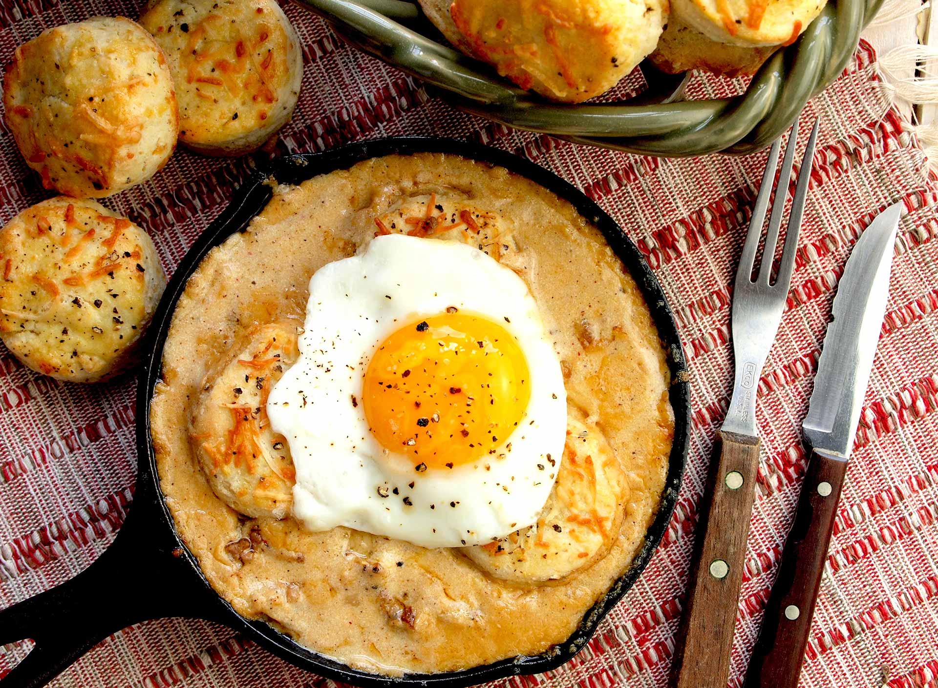 Black Pepper Biscuits and Creamy Gravy Casserole