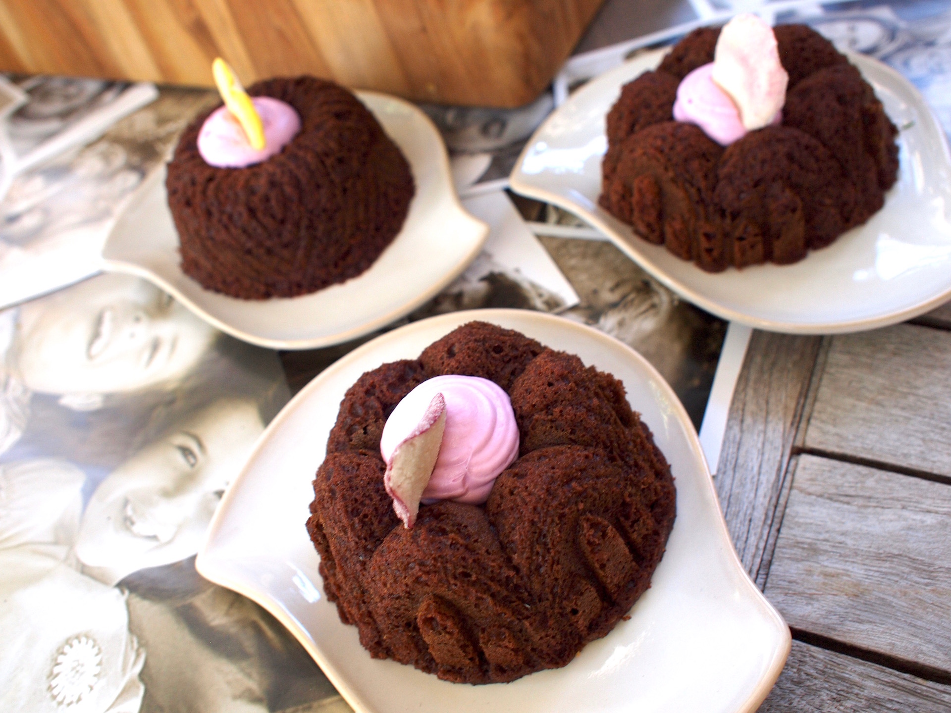 Chocolate Tea Cake Filled with Rosewater Frosting