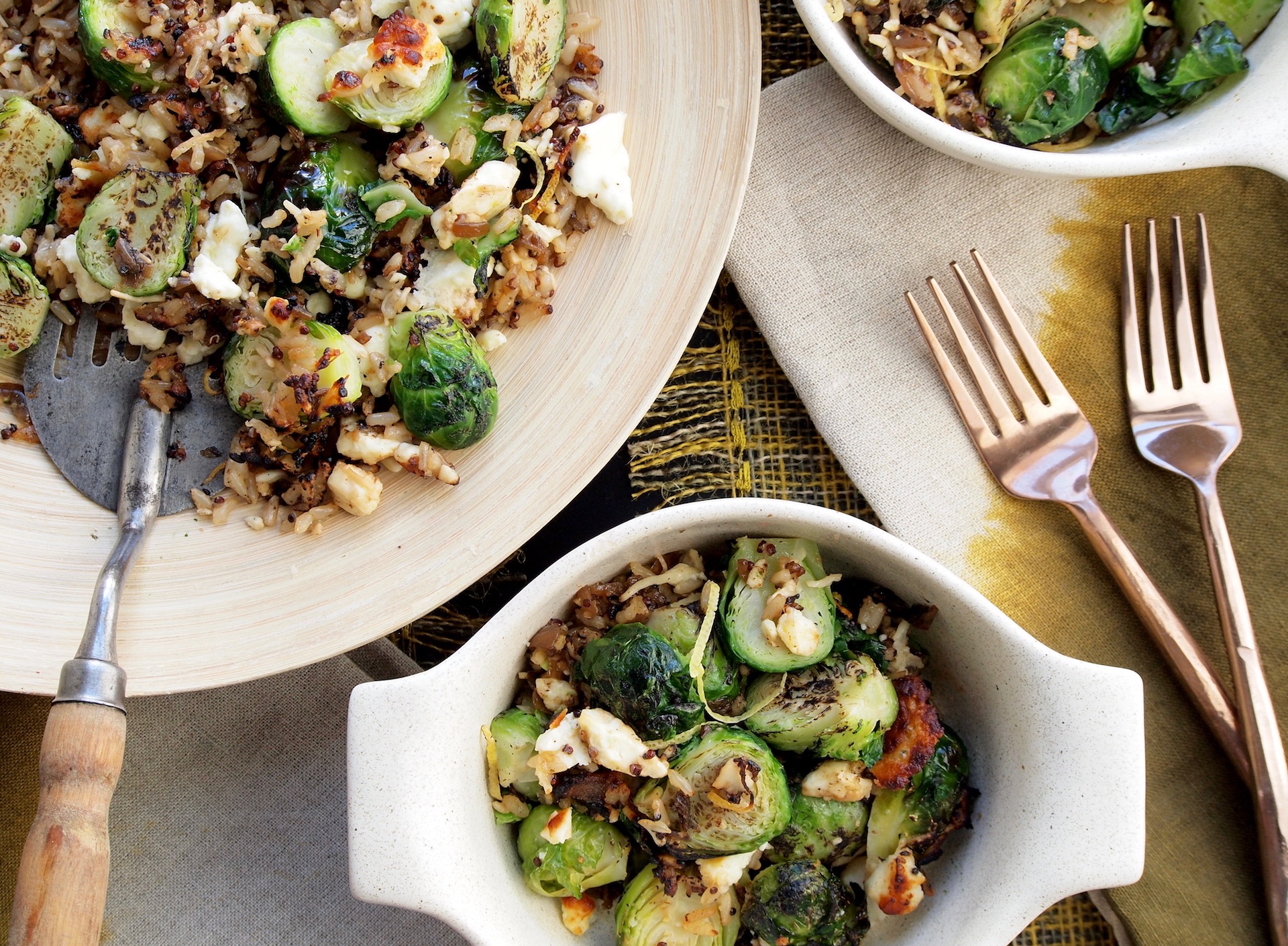 Roasted Brussels Sprouts with a Feta Quinoa Gratin