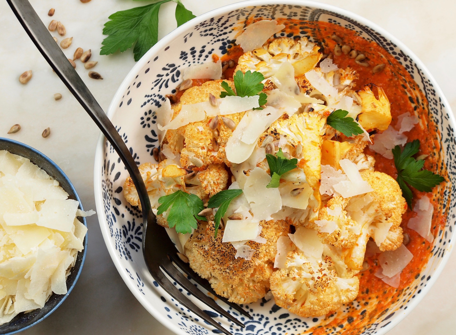 Roasted Cauliflower with Creamy Romesco Sauce and Shaved Parmesan