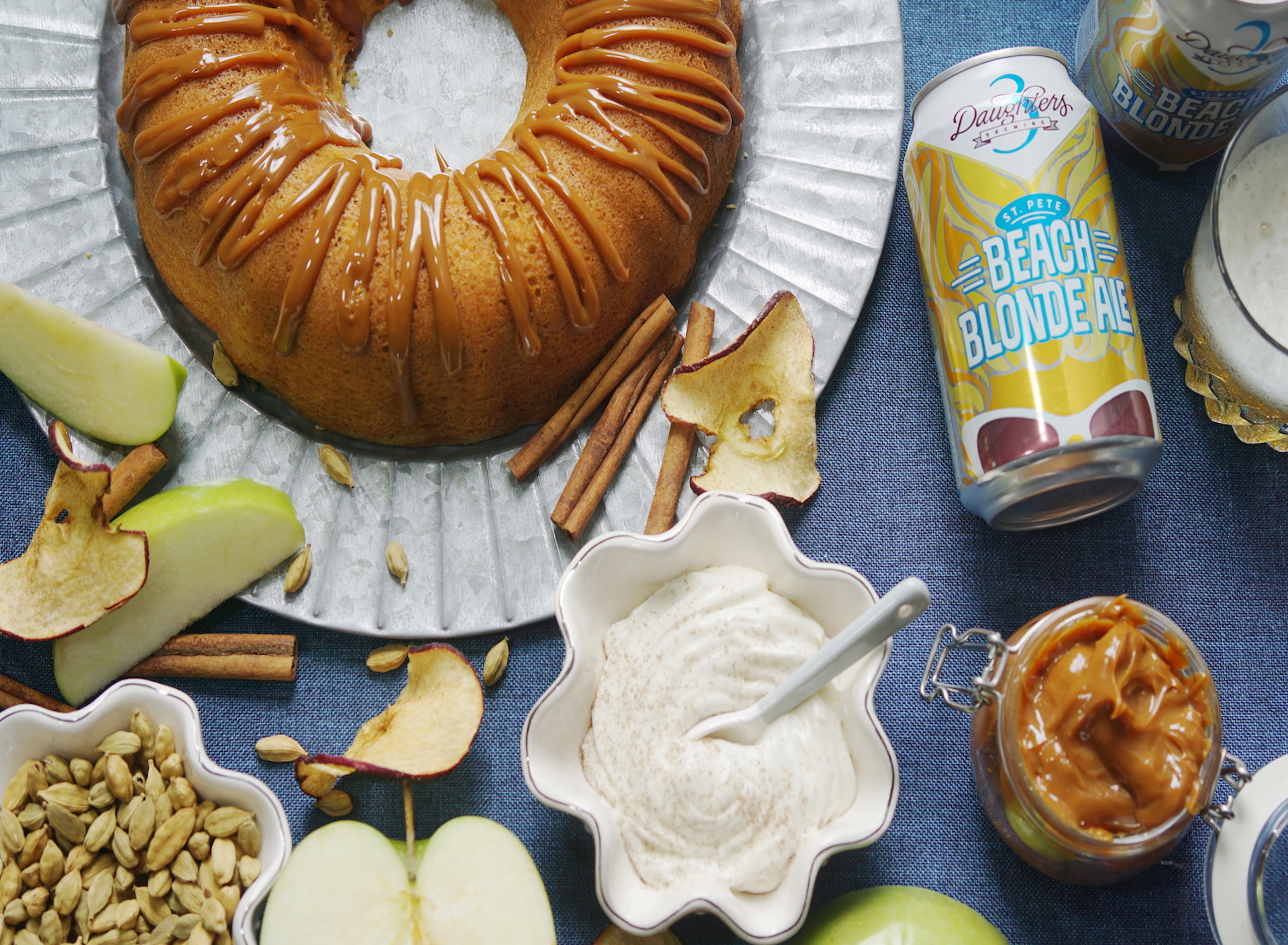 Apple Cake with Beer Caramel and Cardamom Cream