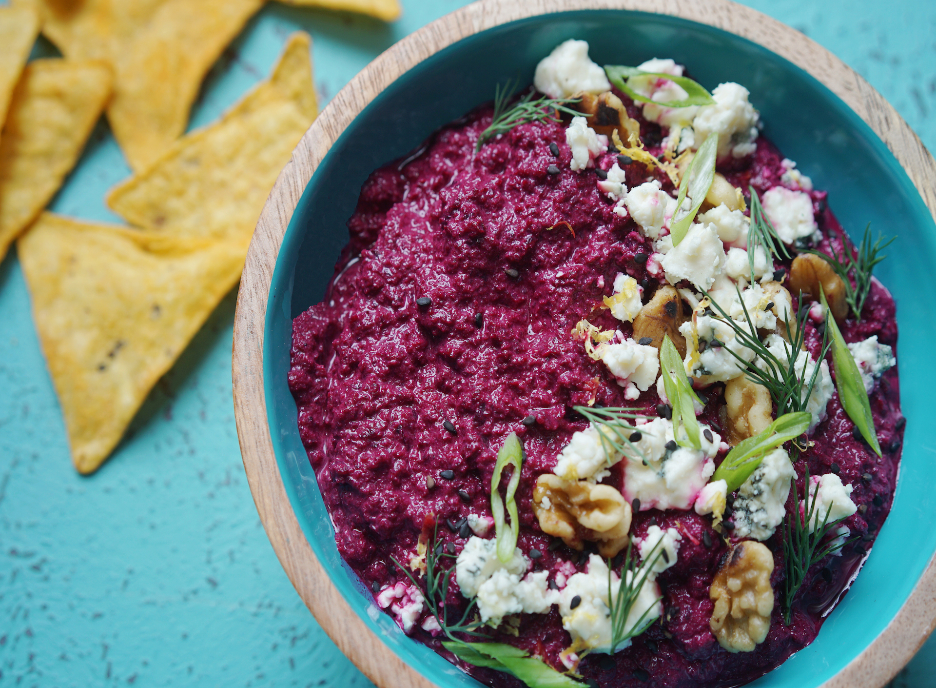 Beet Hummus with Blue Cheese