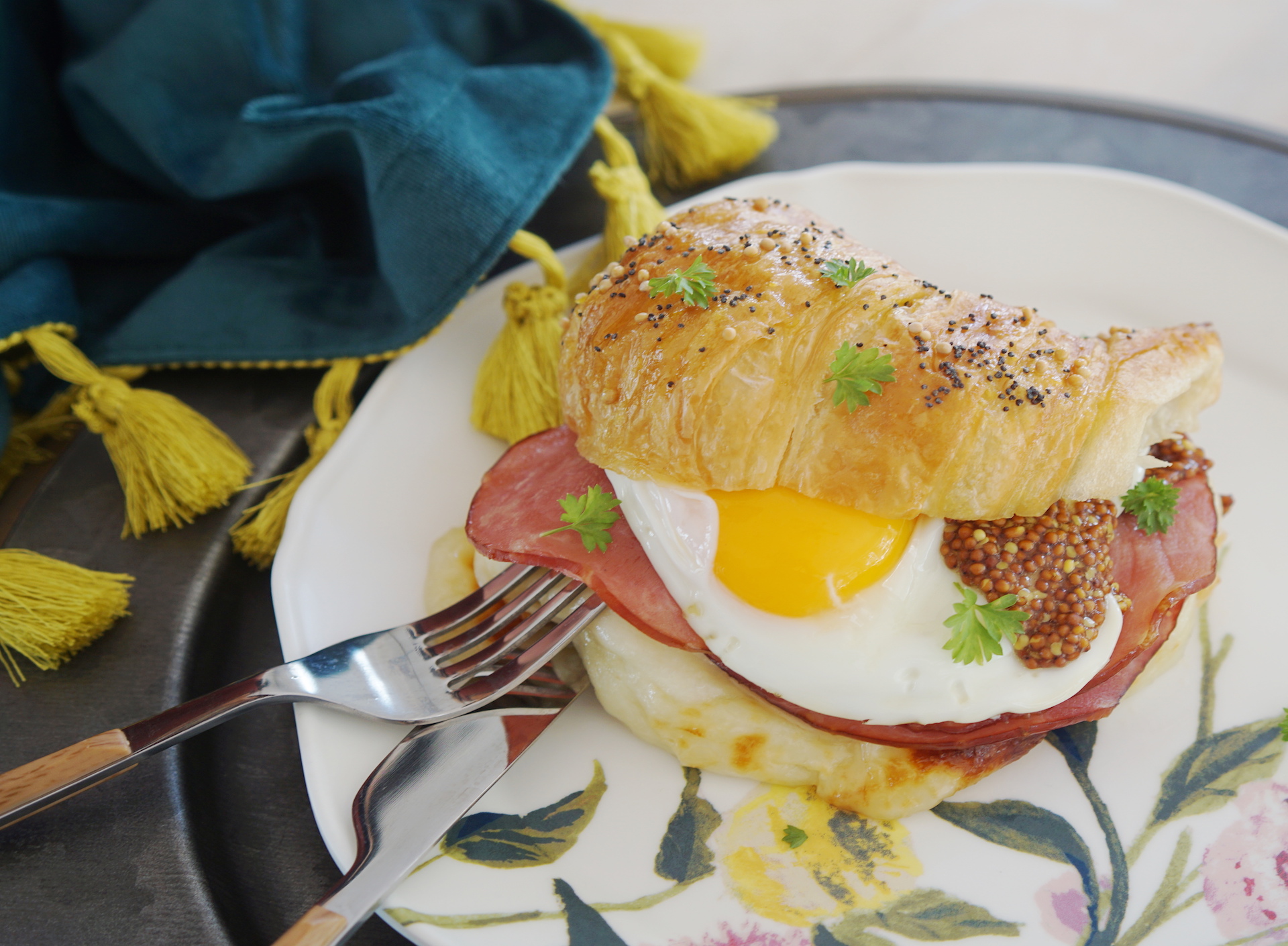 Ham, Cheese, and Egg Breakfast Croissant with Mustard Glaze