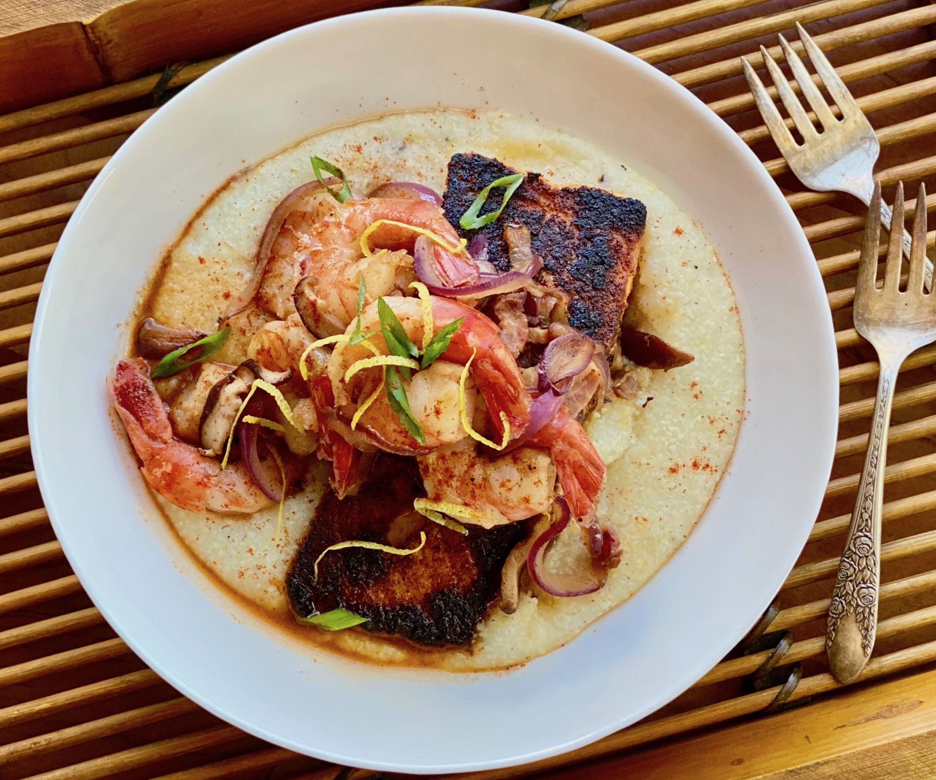 Blackened Salmon with Shrimp and Grits